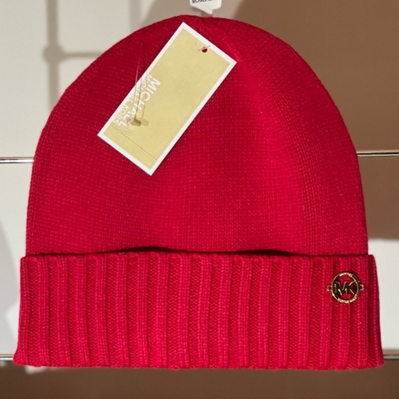 Michael Kors Women's Red Cuffed Knit Winter Beanie Hat w Gold "MK" Logo circle - Picture 1 of 6